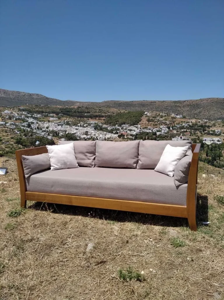 Custom sofa in front of Lefkes Village in Paros